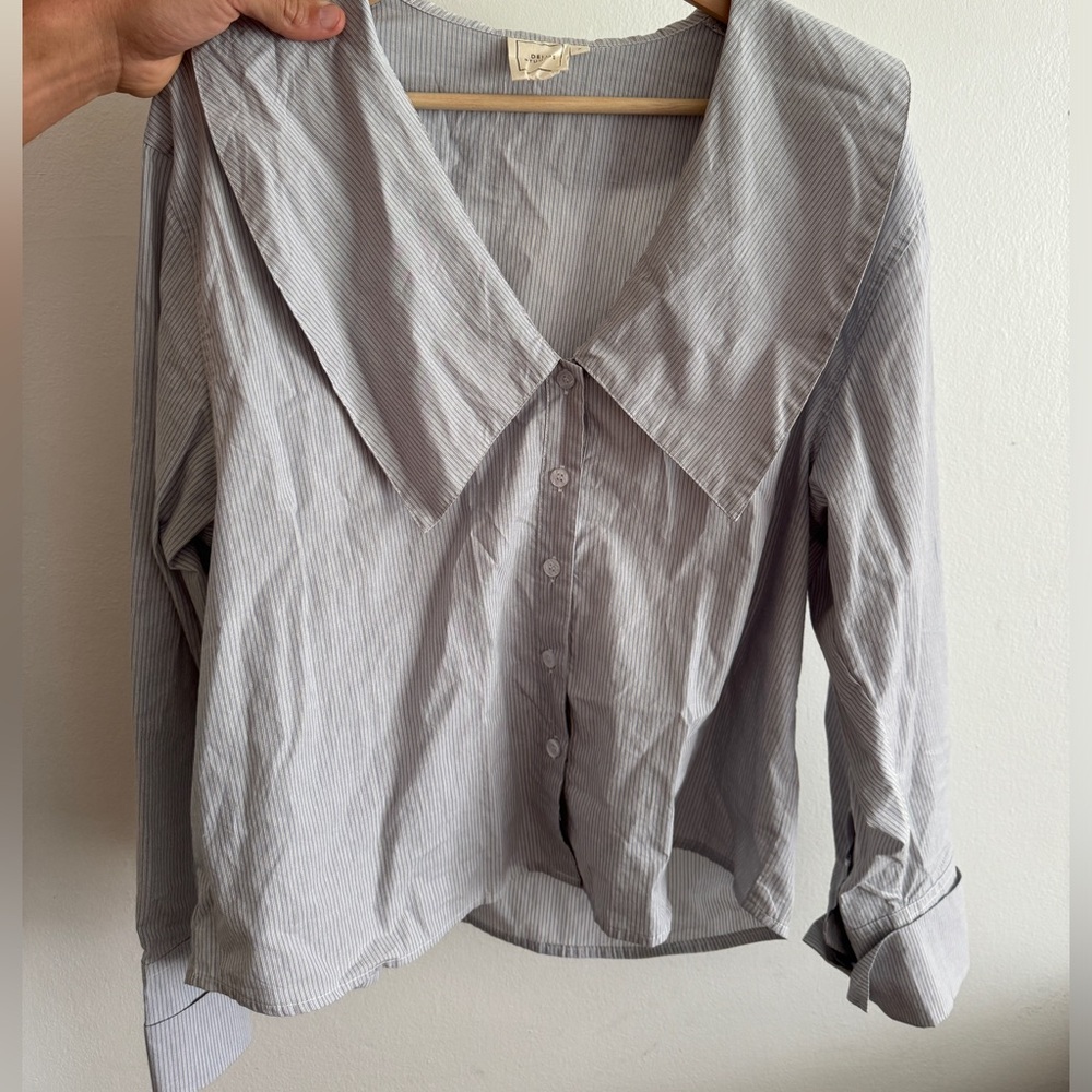 Light Gray Striped Button-Down Shirt with Oversized Collar